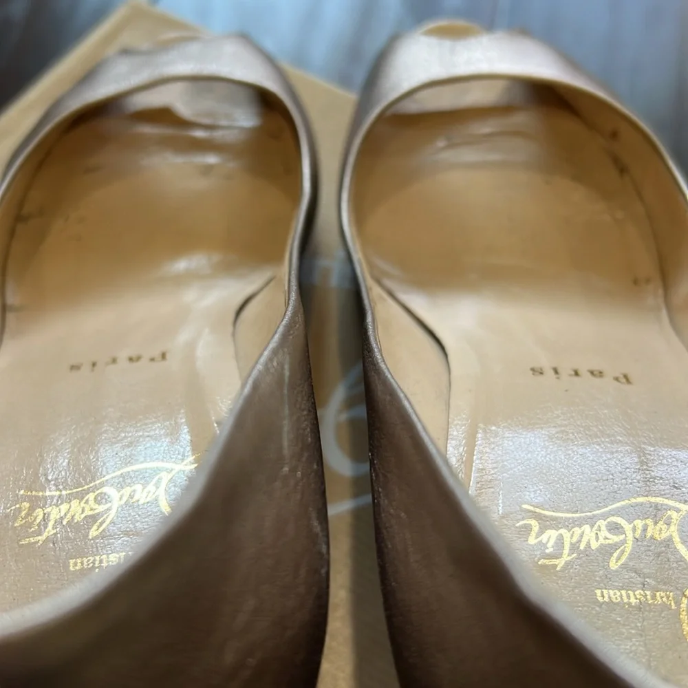 Christian Louboutin Light Gold Matatales 70 Peep Toe Wedges, size 38.5